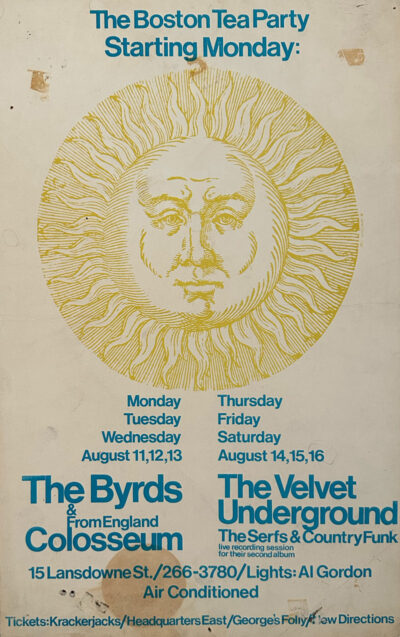 The design showcases a psychedelic art style emblematic of the 1960s. The band’s name, “The Velvet Underground,” is written in bold, curving typography, with “The Freeborn” integrated below. The centerpiece is a hand-drawn portrait of four individuals, likely representing the band members, surrounded by swirling patterns and surreal architectural imagery. These artistic elements echo the experimental ethos of the band and their close association with Andy Warhol, who acted as their manager and creative collaborator during this period.