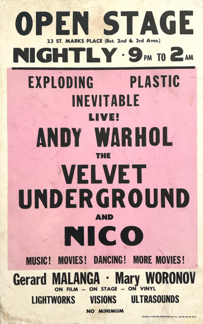The Exploding Plastic Inevitable (EPI), featuring Andy Warhol, The Velvet Underground, and Nico, at The Open Stage, located at 23 St. Marks Place in New York City. The performances ran nightly from April 1 to April 31, 1966